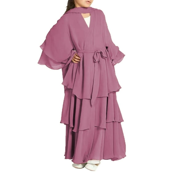 Coerni Girls Halterneck Three-Layer Hem Dress Muslim Abaya Chiffon Solid Casual Dress with Belt Dubai Elegant Prayer Gift