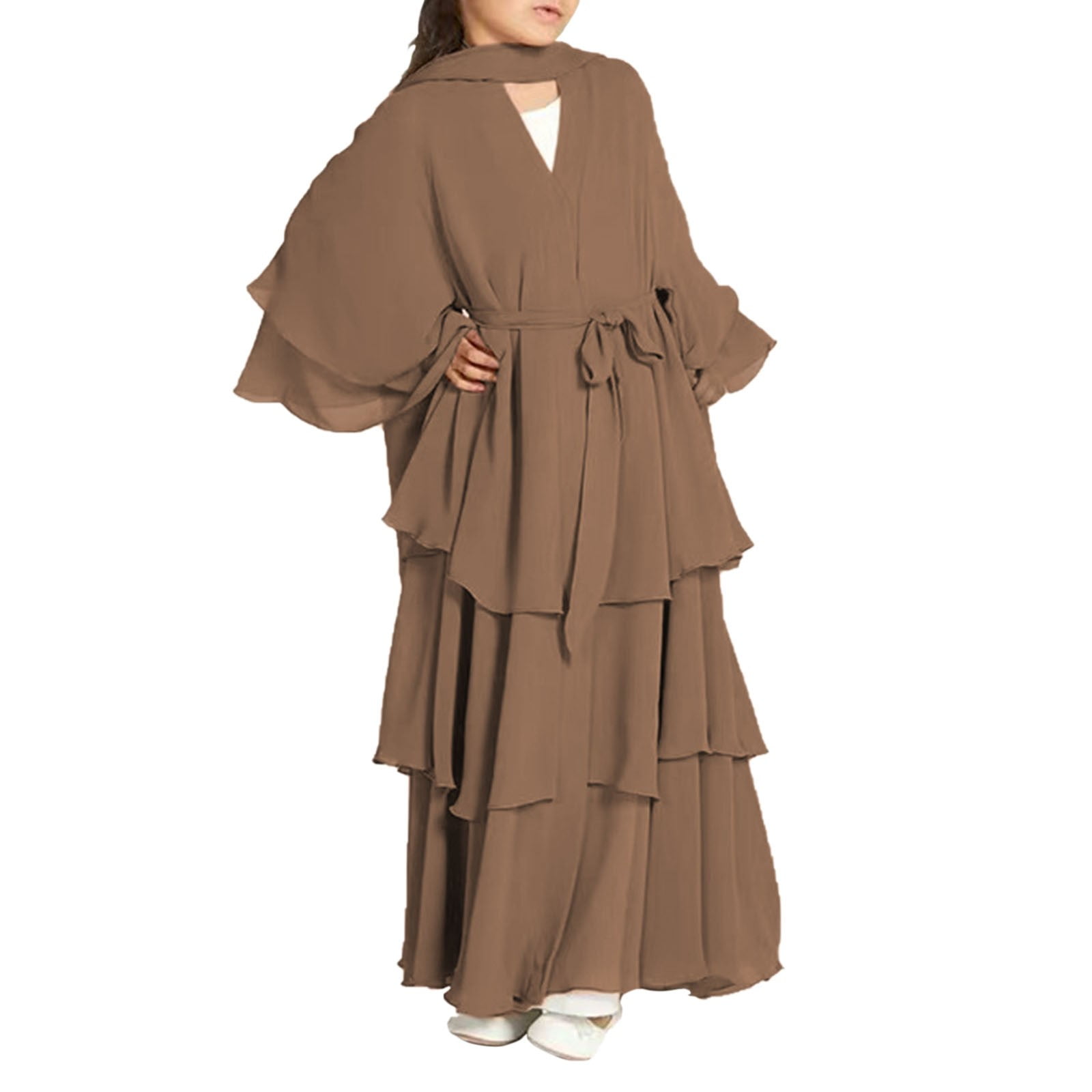 Muslim Girls Embroidered Lace-trimmed Hooded Abaya Dress #25G633