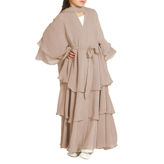 Coerni Girls Halterneck Three-Layer Hem Dress Muslim Abaya Chiffon Solid Casual Dress with Belt Dubai Elegant Prayer Gift