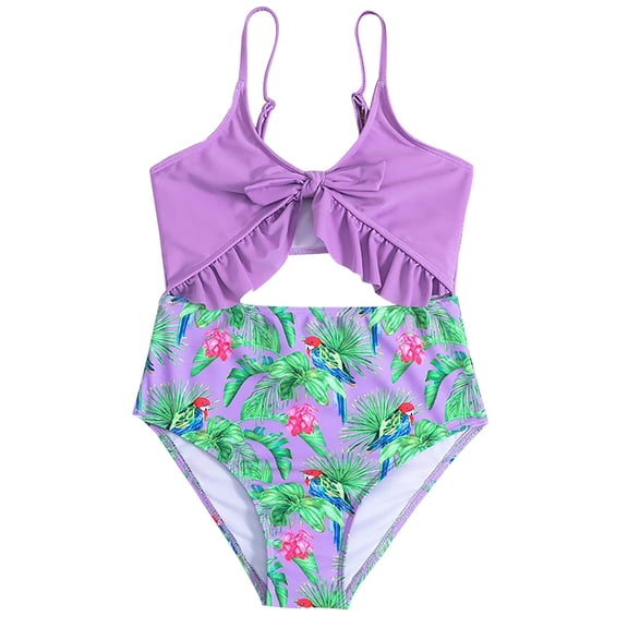Coerni Girls Hawaiian One-Piece Stripe Swimsuits Summer Ruffle Hollow Out Swimming Bathing Suit Suspender Swimwear