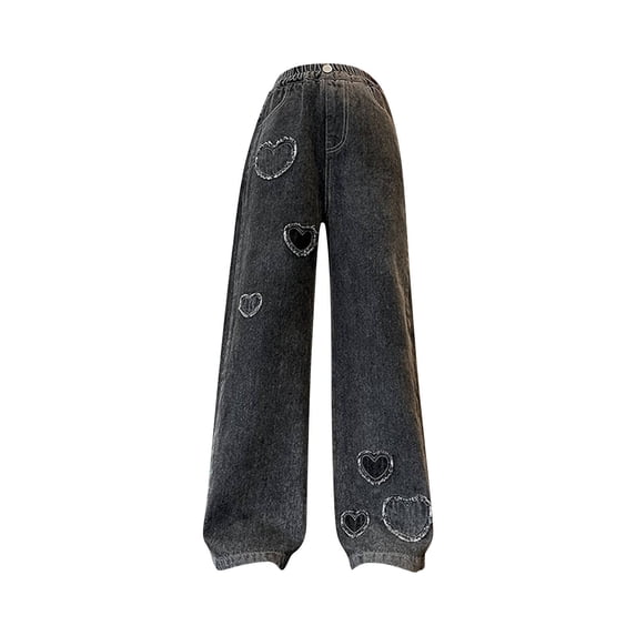 Coerni Girls High Waist Denim Pants Love Embroidery Baggy Straight Wide Leg Jeans for Teen Youth Kids Streetwear Casual Pants