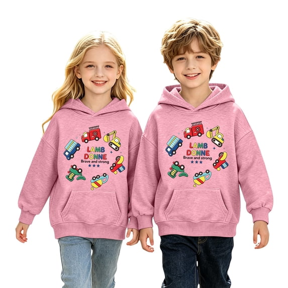 Coerni Girls Hoodie Cartoon Construction Truck Graphic Sweatshirt Funny Print Kids Trendy Hooded Pullover Spring Fall Casual Wear