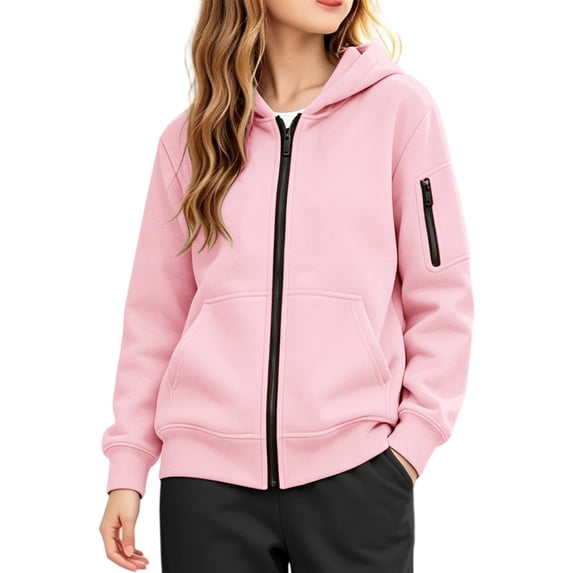 Coerni Girls Hoodies Jacket Solid Zip Up Sweatshirt Teen Kids Casual Versatile Hooded Outerwear with Kangaroo Pocket School & Fall Daily Wear