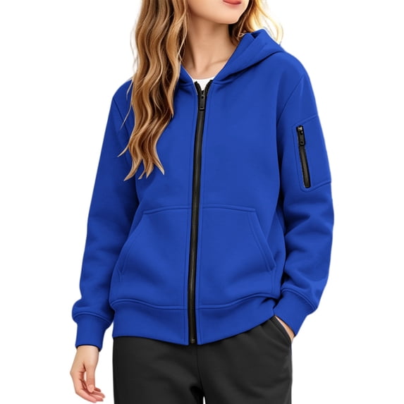 Coerni Girls Hoodies Jacket Solid Zip Up Sweatshirt Teen Kids Casual Versatile Hooded Outerwear with Kangaroo Pocket School & Fall Daily Wear