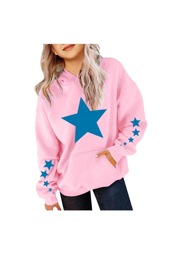 Coerni Girls' Hoodies Star Graphic Preppy Hooded Sweatshirt Toddler Kids Y2K Trendy Oversized Hoodies Pullover Sweatshirts Top