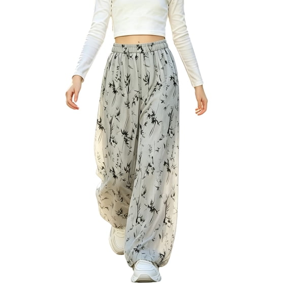 Coerni Girls Ink‑Wash Printed Pants Lightweight Chiffon Wide Leg Pants Elastic High Waist Flowy Trousers Summer Casual Vacation