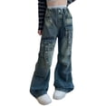 thumbnail image 1 of Coerni Girls' Jeans Casual Elastic Waist Straight Leg Denim Pants Y2k Cargo Jeans Teen Girls Plus Size Clothing with Multi Pockets, 1 of 5
