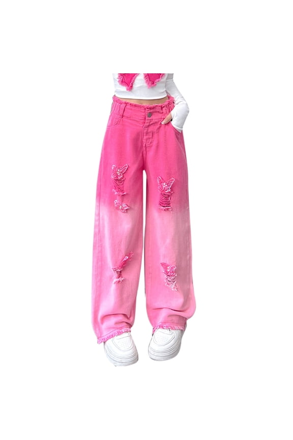 Coerni Girls Jeans Elastic Wasit Wide Leg Baggy Pants Kids Clothes Loose Distressed Denim Pants Basic Zipper Fly Candy Gradient Jean