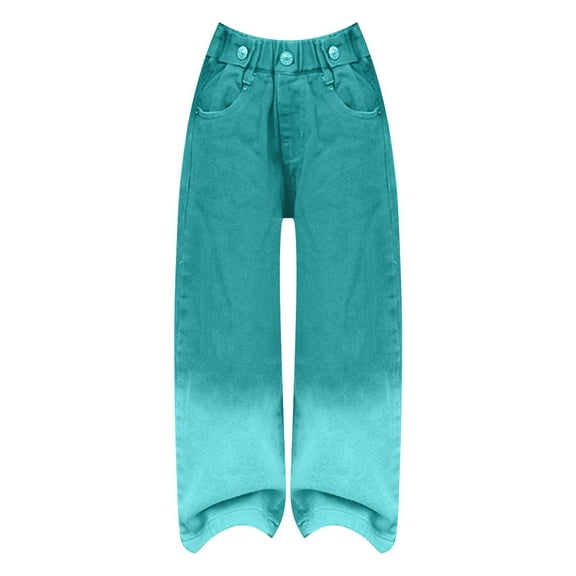 Coerni Girls Jeans Pants Gradient Color Baggy Wide Leg Denim Pant Washed High Waist Elastic Band Casual with Pockets Kids