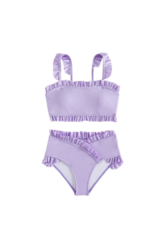 Coerni Girls Kids Crochet Swimsuit 2 Piece Ruffle Tankini Shorts Bathing Suit Beach Swimwear Girls Quick Dry Summer Bikini Sets