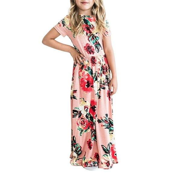 Coerni Girls Long Dress Toddler Girl's Short Sleeve Floral Print Loose Casual Long Maxi Dress with Pockets 2To10 Years