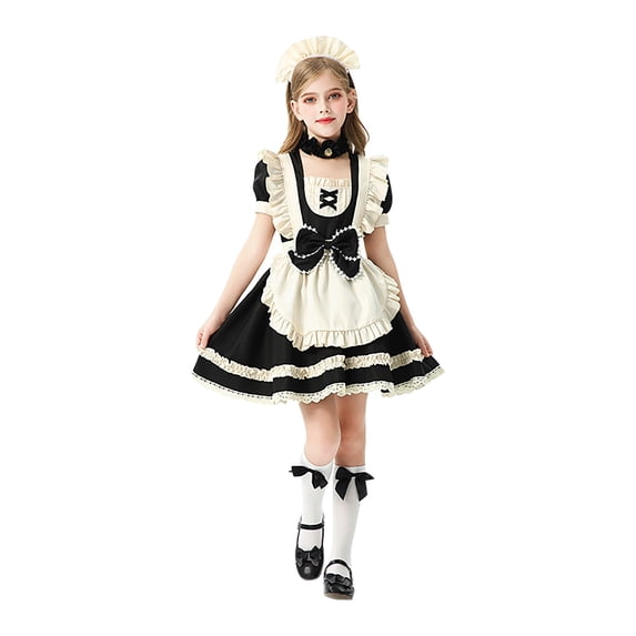 Coerni Girls Maid Outfit French Vintage Ruffle Dress with Apron & Necklace & Headpiece Halloween Party Cute Dress Up Accessories Set