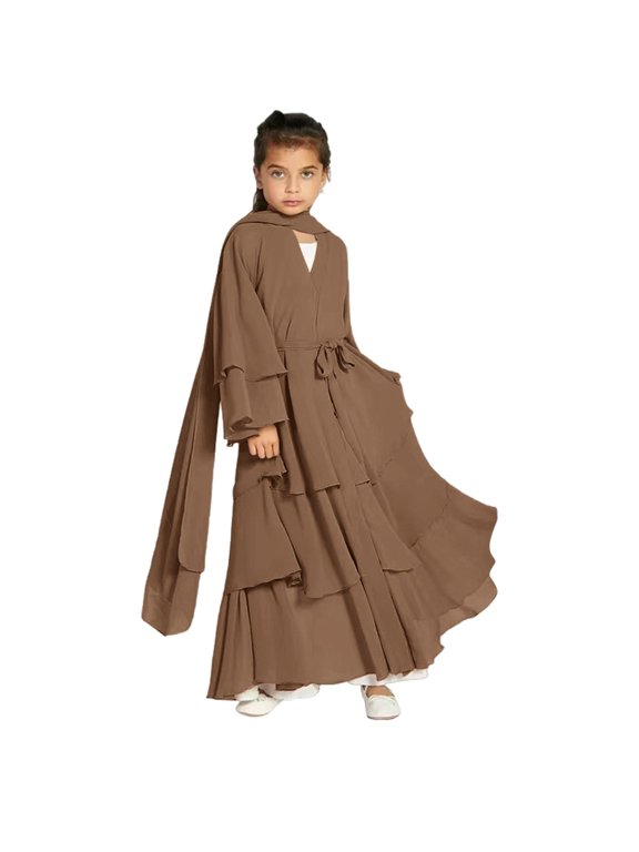 Coerni Girls Muslim Cardigan Abayas Dress layered Open Abaya D𝐮bai Kaftan Isl𝐚mic Robe Kids Casual K𝐢mono Prayer Dress