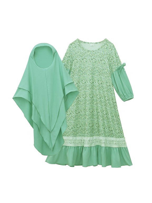 Coerni Girls Muslim Floral Dress Kids Flower Embroidery Prayer Ramadan Long Sleeve 𝐈slamic Abaya Kaftan Elegant Dresses Clothes