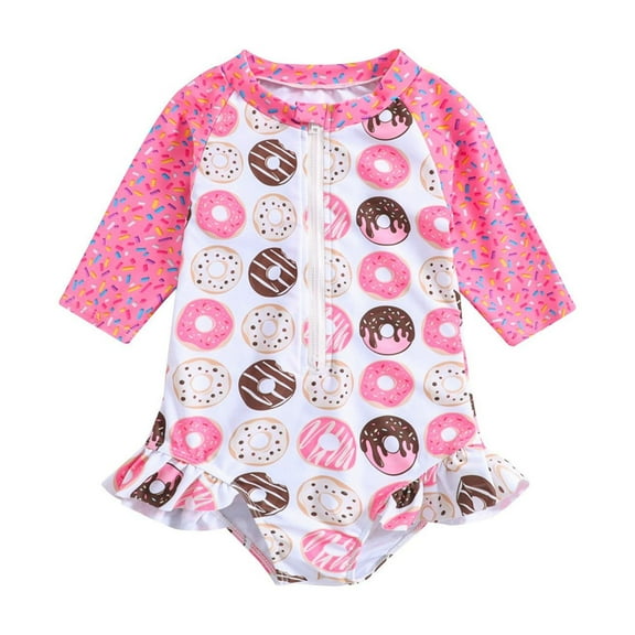 Coerni Toddler Girls Long Sleeve Beachwear Donut Printed Swimsuit Romper Seaside Beach Holiday Casual Wear for Kids Girl