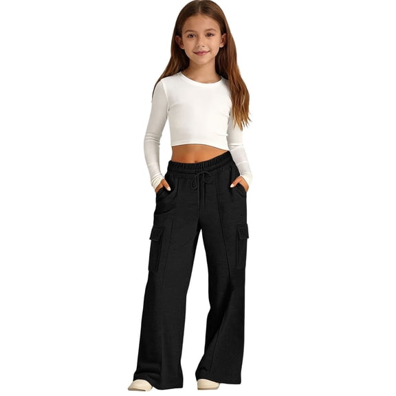 Coerni Girls Oversized Wide Leg Sweatpants Drawstring Kids Baggy Straight Leg Track Pants Casual Plain Pockets Patchwork Joggers
