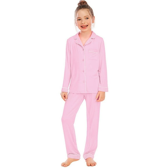 Coerni Girls Pajamas Set, Girls Boys Cotton Pajamas 2 Piece Solid Long Sleeve Sleepwear Button Down Tops Pants Pjs Set Loungewear for Kids