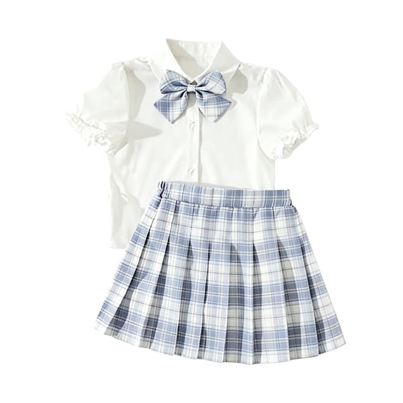Coerni Girls Preppy Outfit 3PC Set Puff Sleeve Collared Shirt with Bowtie & Plaid Pleated Skirt School Uniform Clothes for 3-14Y Kids