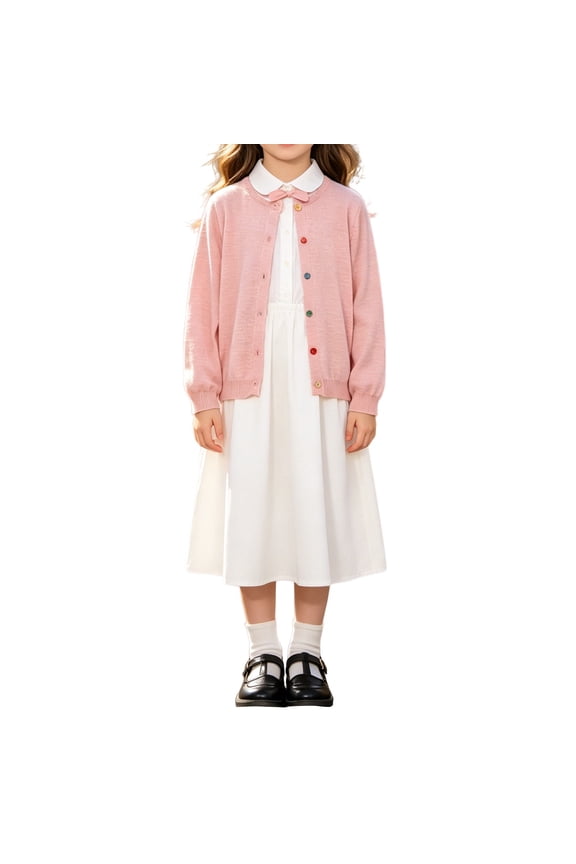 Coerni Girls Preppy Sweaters Colorful Button Front Crewneck Knit Cardigan Soft Thin Kids Casual School Uniformal Knit Outerwear