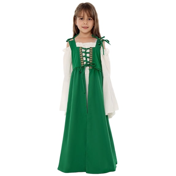 Coerni Girls Renaissance Dress Medieval Bell Sleeve Vintage Lace-Up Layering Dress Off Shoulder Maxi Dress Halloween Clothes