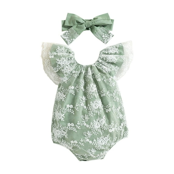 Coerni Girls Romper Two Piece Lace Fly Sleeve Mesh Romper And Lace Head Scarf Cotton Suit Long Sleeve Girl