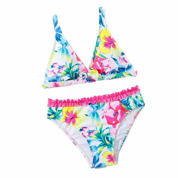 Coerni Girls Ruffles Hawaii Floral Bikini Swimsuit 2pc Set Cute Playful Dazzling Stylish Quick Dry Tankini Beach Wear