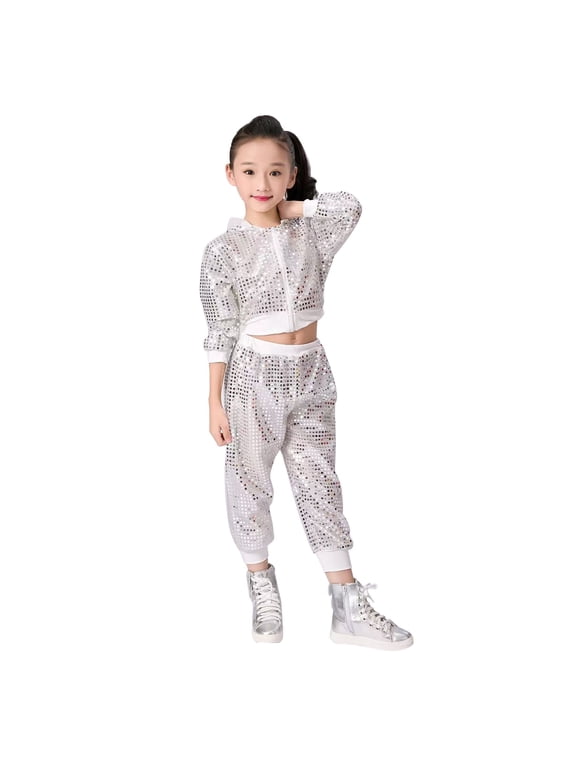 Coerni Girls Shiny Sequin Sets Zip-Up Cropped Hooded Jacket & Jogger Pants Street Dance Performance Hip Hop Jazz Clothing Sets