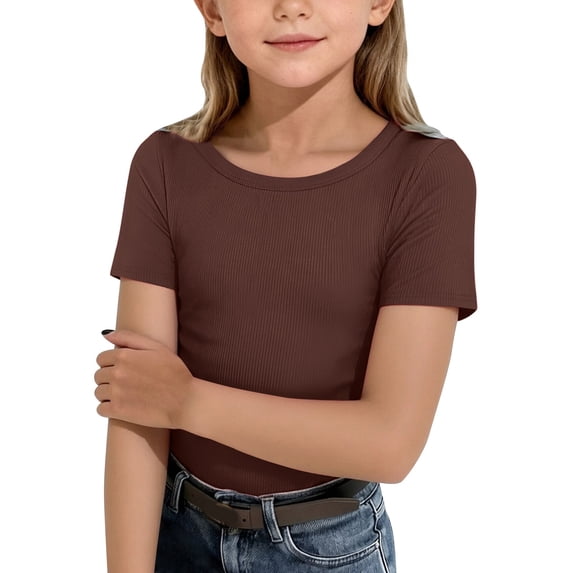 Coerni Girls Short Sleeve Shirts Ribbed Knit Cotton Slim Fit Tshirt Basic Boat Neck Tops Casual Summer Cute Yoga Tee Fashion Clothes