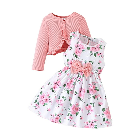 Coerni Girls Sleeveless Dress and Cardigan Set 2 Piece Cute Floral Bow A Line Princess Tank Dresses Ruffle Ribbed Knit Cardigan