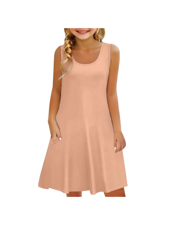 Coerni Girls Soft Flowy A Line Dress Sleeveless Sundress Scoop Neck Elegant Dresses Dressy Casual Dress Plain Tank Sundress