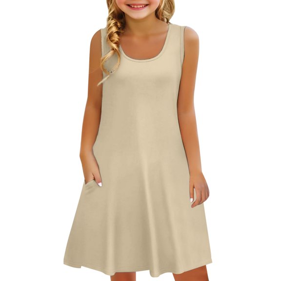 Coerni Girls Soft Flowy A Line Dress Sleeveless Sundress Scoop Neck Elegant Dresses Dressy Casual Dress Plain Tank Sundress