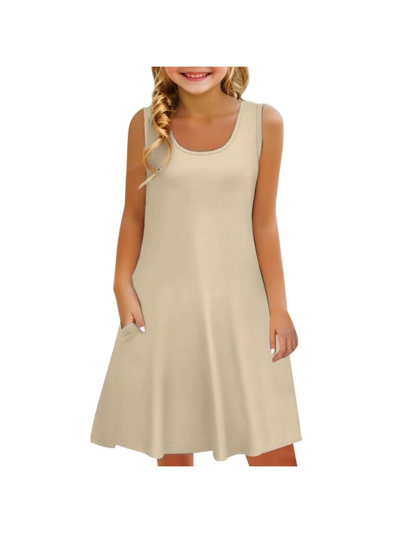 Coerni Girls Soft Flowy A Line Dress Sleeveless Sundress Scoop Neck Elegant Dresses Dressy Casual Dress Plain Tank Sundress