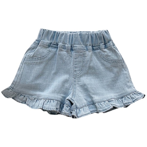 Coerni Girls Solid Color Elastic Waistband Ruffle Hem Denim Flared Shorts Summer Beach Wear Shorty Shorts
