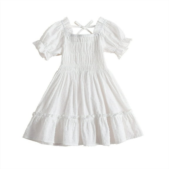 Coerni Girls Solid White Smocked Dress Square Neck Puff Sleeve Ruffle Midi Swing Dress Boho Maxi Casual Flowy Sundress