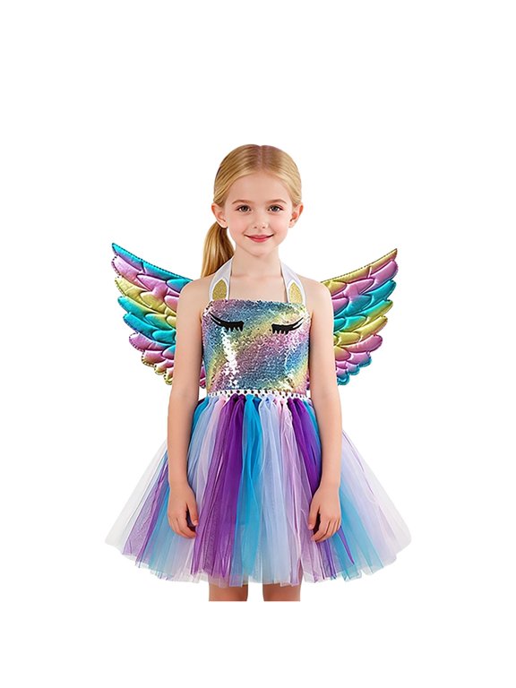 Coerni Girls Sparkly Princess Dress Rainbow Sequin Camisoles Leotards Puffy Tulle Skirt Halloween Birthday Ball Gown with Wings