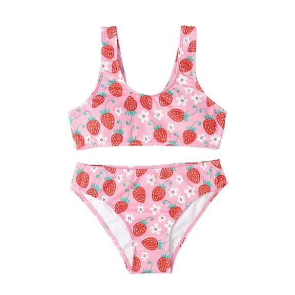 Coerni Girls Strawberry Bikini Swimsuit 2pc Kids Summer Beach Sport Play Straps Tankini Swim Wear Playful Bathing Suit