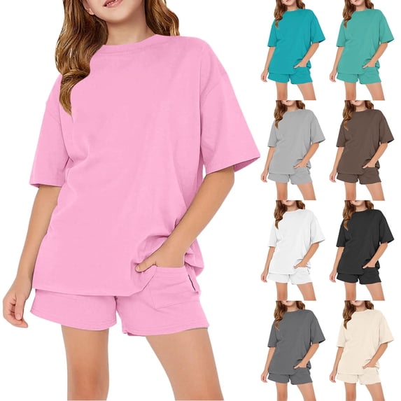 Coerni Girls Summer 2 Piece Outfit Plain Kids Athletic Set Short Sleeve T Shirt Shorts Set Loose Sports Clothes Solid