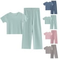 thumbnail image 1 of Coerni Girls Summer 2 Piece Outfits Boys Short Sleeve Tshirt Pants Set Wide Leg Plain Soft Kids Matching Outfit Loose, 1 of 9