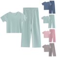 thumbnail image 1 of Coerni Girls Summer 2 Piece Outfits Boys Short Sleeve Tshirt Pants Set Wide Leg Plain Soft Kids Matching Outfit Loose, 1 of 9