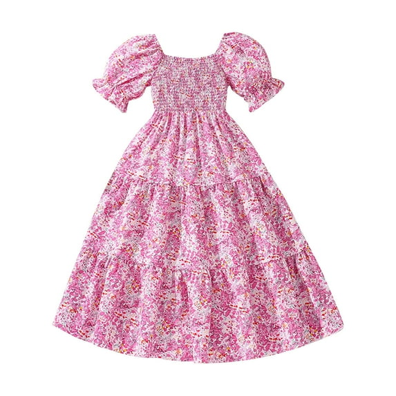 Coerni Girls' Summer Floral Dress Kids 2024 Puff Sleeve Square Neck Smocked Flowy Sun Dresses Toddler Princess Dress