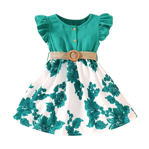 Coerni Girls Summer Floral Dress Print Ruffle Sleeve Princess Dresses Toddler Button Swing Dresses Kids Casual Beach Dress