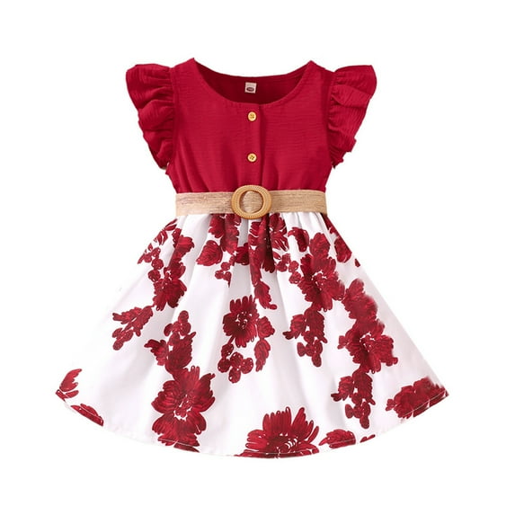 Coerni Girls Summer Floral Dress Print Ruffle Sleeve Princess Dresses Toddler Button Swing Dresses Kids Casual Beach Dress