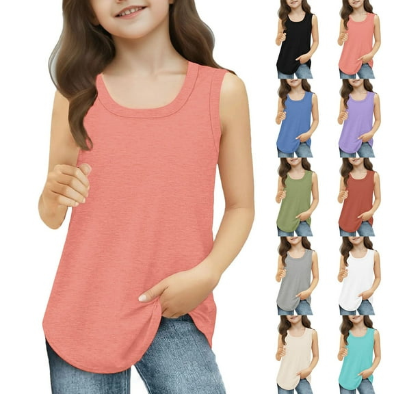 Coerni Girls Summer Sleeveless Tank Tops Plain Kids Athletic Tee Crewneck Casual Solid Color Fashion T Shirts Outdoor