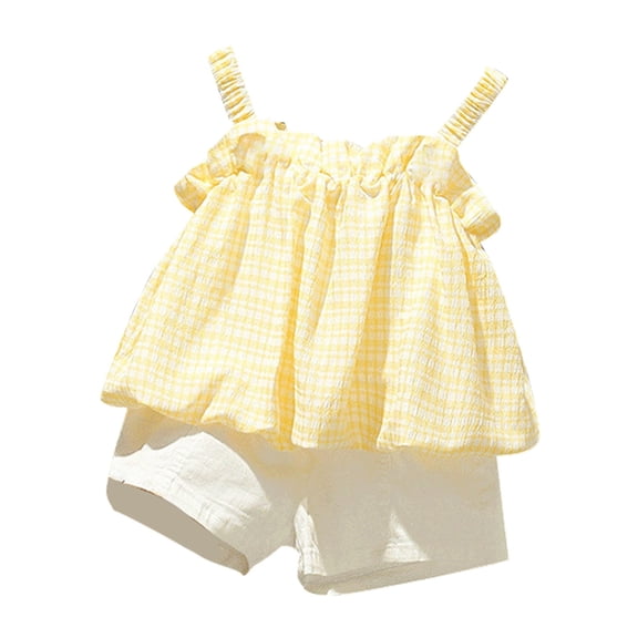 Coerni Girls Suspender Top Skirt Shorts 2pc Set Stripe Fluffy Tops Solid White Shorts Baby Summer Holiday Outfit Suit