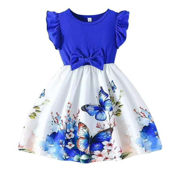 Coerni Girls Trendy Elegant Evening Gown Butterfly Print Dress Ruffle Sleeveless High Waist A-Line Dresses