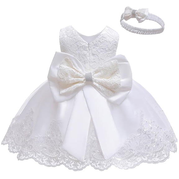 Coerni Girls' Tulle Flower Princess Wedding Dress 3 6 9 12 18 Months Baby Girl Bowknot Tutu Gown Dress with Headwear