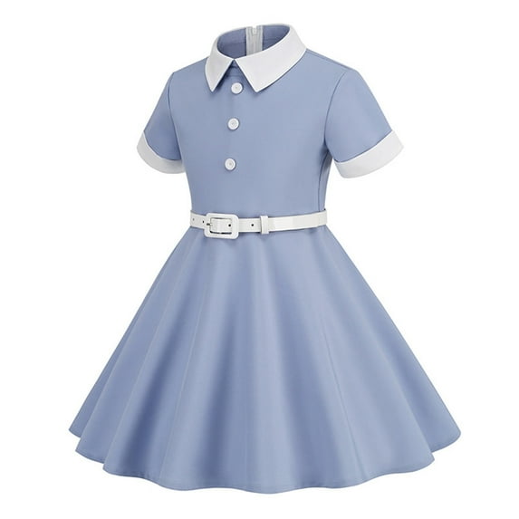 Coerni Girls Vintage Dresses 50's Retro Short Sleeve Party Dress Outfit with Belt Lapel Collar Prom Midi Evening Gown