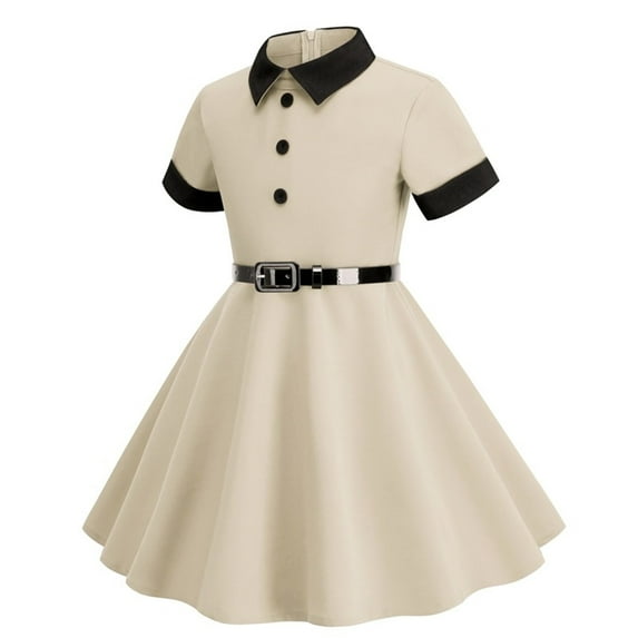 Coerni Girls Vintage Dresses 50's Retro Short Sleeve Party Dress Outfit with Belt Lapel Collar Prom Midi Evening Gown