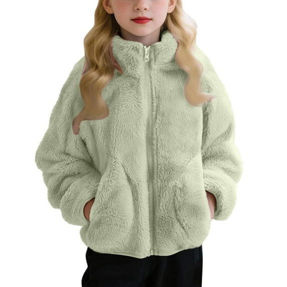 Coerni Girls Winter Warm Coat Kids Fuzzy Sherpa Jacket Faux Fuš« Plush Sweatshirt Trendy Furry Zip Up Stand Collar Outerwear