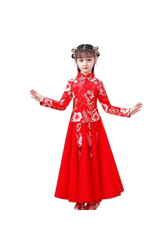 Coerni Girls 𝐓ang Suit Dress Chinese Traditional New Year Red Suit A-Line Princess Dresses Floral Embroidery Warm Wedding Outfits
